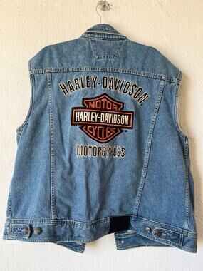 Harley Davidson Motorcycles Embroidered Denim Jean Vest Blue XL